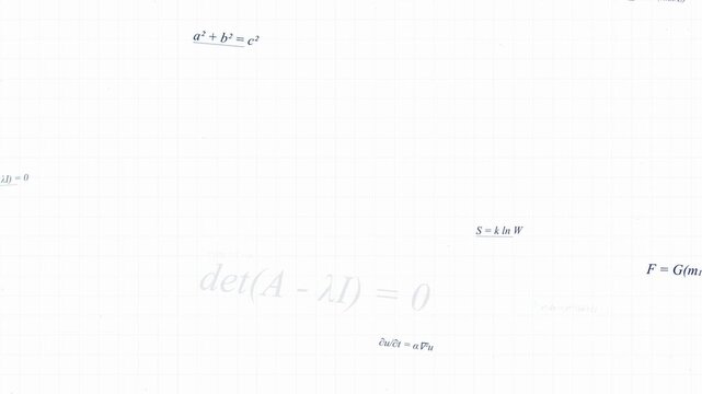 Abstract scientific animation featuring mathematical formulas and physics equations floating on a white grid background.