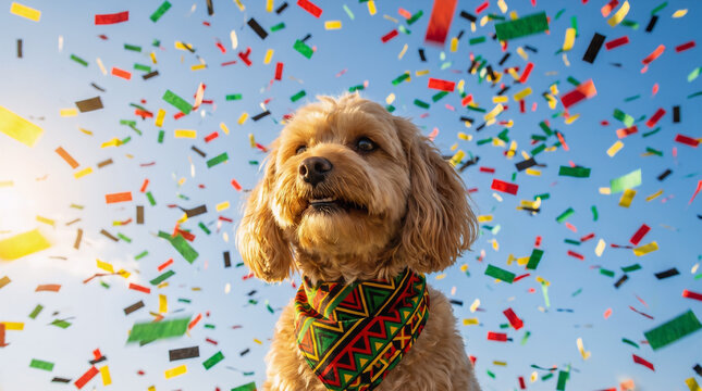 Maltipoo dog wearing colorful patterned bandana celebrating Juneteenth and Black History Month with confetti under blue sky, joyful pet portrait happiness playful festive lifestyle moment