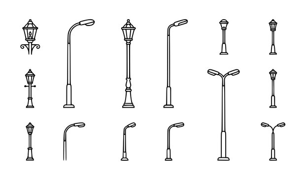 Minimal street lamp outline icon collection with editable stroke urban lighting vector symbols