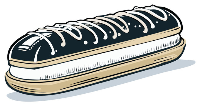 Illustrated eclair pastry with dark chocolate ganache and white cream topping