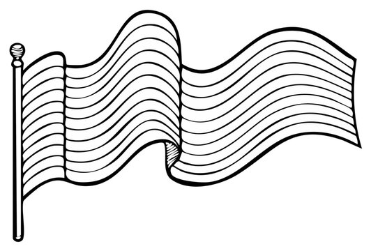 Waving Flag Line Art. Stripped pattern on waving flag. Decorative black and white flag pole illustration.