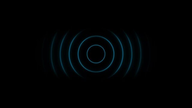 Blue neon sound waves pulse animation, abstract digital audio frequency signal, glowing circular radio wave motion