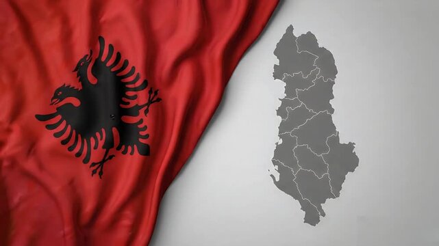 Waving Albania Flag with Double Headed Eagle and Map Silhouette with Regions on Gray Background National Symbol of Albanian Identity