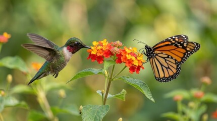 Fototapeta premium Hummingbird and Monarch Butterfly Sharing a Flower - A Vibrant Nature Scene.