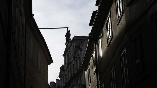 Prague, Czech Republic. Created in 1996, the work known as &ldquo;Zavě&scaron;en&yacute; muž&rdquo; (&ldquo;Man Hanging Out&rdquo;) is the vision of Czech sculptor David Čern&yacute;, whose work can be found all over the city