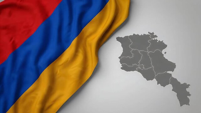Waving Armenia Flag and Map Silhouette with Regions on Gray Background National Symbol of Armenian Identity