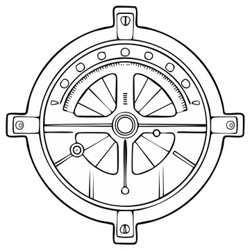 Nautical Steampunk Gauge Line Art Drawing, Compass Style Instrument Panel With Scale Indicators and Rivets