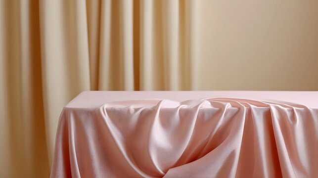 Luxurious satin draped table covered in blush pink fabric against a softly lit beige curtain backdrop