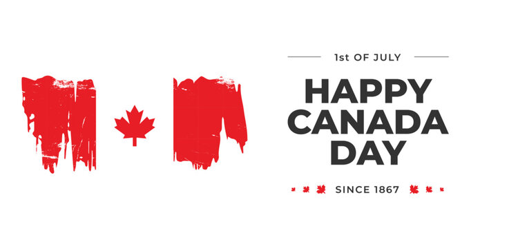 Minimalistic Canada day horizontal banner. Canadian flag on white background, red maple leaf. Template Victory day. 1st of July national holiday design. Greeting card poster decoration and covering