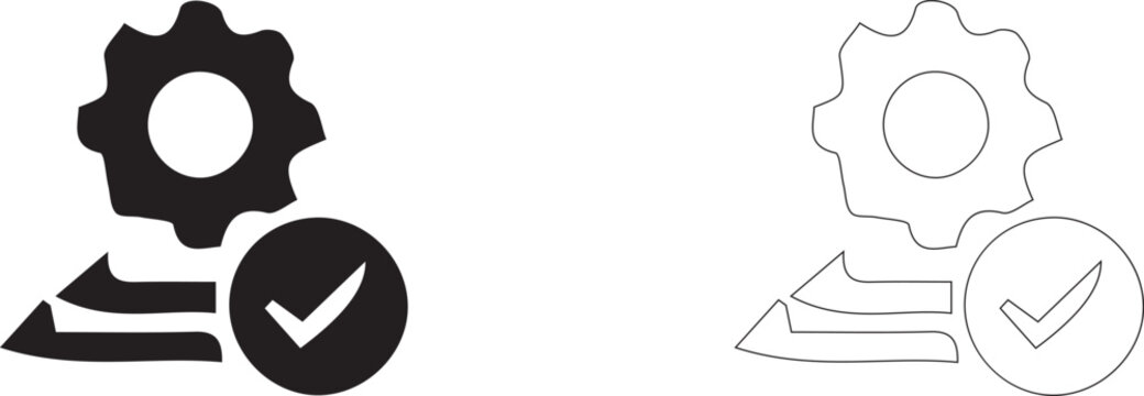 Gear with Checkmark Settings Verification Approved Configuration Icon Black and White Vector Illustration