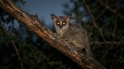 Fototapeta premium Nocturnal Bushbaby Perched on Branch with Glowing Eyes in Dark Forest.