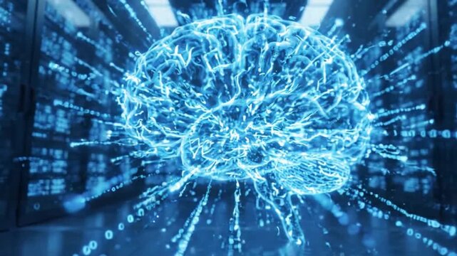 A giant holographic artificial intelligence brain inside a futuristic data center, advanced machine learning concept.