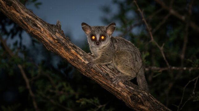 Nocturnal Bushbaby Perched on Branch with Glowing Eyes in Dark Forest.