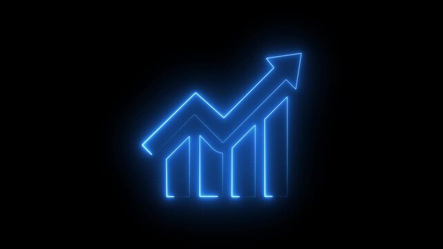 Blue neon graphic of a rising bar chart with arrow on black background graph upward trend growth increase graph upward trend growth increase