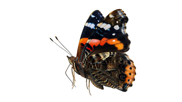 Butterfly showing dark wings with striking red and white bands settles in a profile position to reveal its complex underwing markings.