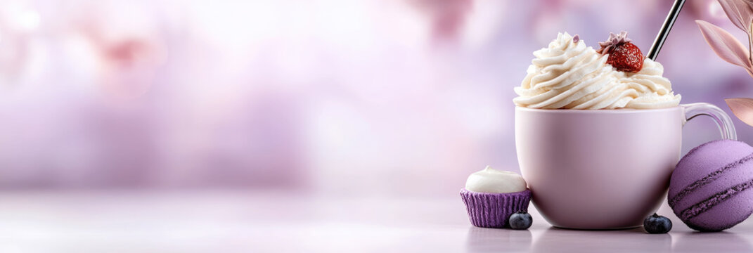 Pastel purple ube themed sweet treats creating a vibrant dessert display, featuring a whipped cream drink with strawberry, a mini cupcake, and a macaron, all on a light background