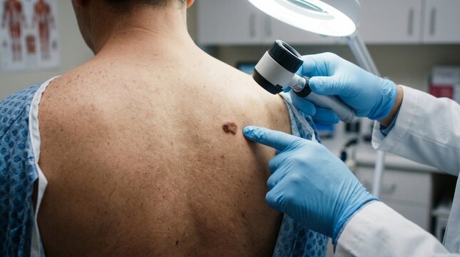 Doctor pointing to a suspicious squamous cell carcinoma lesion on patient's back for early skin cancer detection.