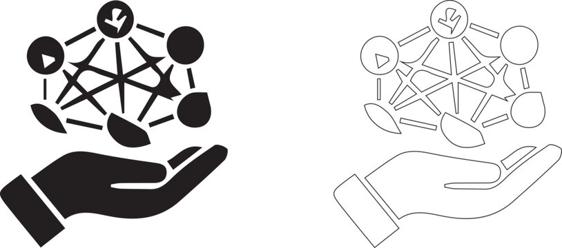 Hand Holding Digital Network Blockchain Technology and Global Connection Icon Set Vector Illustration