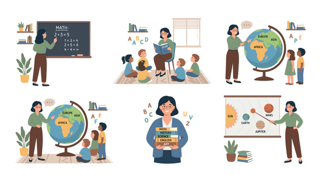 Teachers and students collaborate in diverse learning environments, exploring subjects like math, geography, science, and literature to foster comprehensive education.