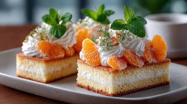 Three delicate Japanese fruit sando slices feature rich sponge cake layers, creamy whipped filling, fresh mandarin orange segments, and mint garnishes