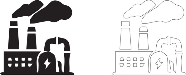 Fototapeta premium Industrial Factory Building Vector Illustration with Smoking Chimneys and Power Generation Icons in Black Silhouette and Outline Style
