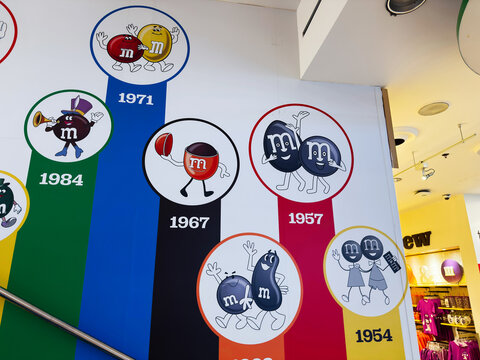 Colorful M and M characters timeline mural in a London, UK candy store showcasing retro mascots and dates on a bright retail wall display
