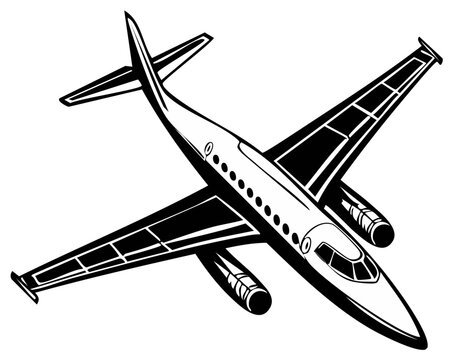 Retro four engine passenger jet airplane flying in a black and white vector illustration style