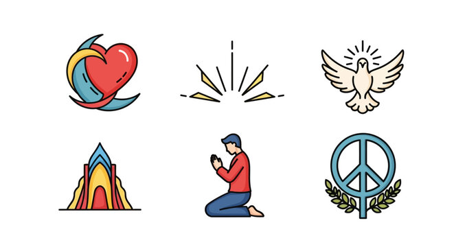 Peace symbols and religious icons.