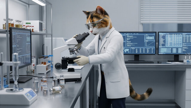 Calico Cat Dressed as Scientist in White Lab Coat Looking Through Microscope in Modern Research Laboratory &mdash; Funny Anthropomorphic Science Pet Digital Art