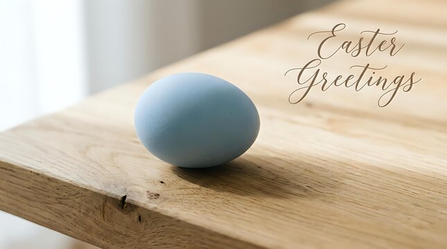 Soft blue Easter egg resting on a rustic wooden surface with elegant Easter Greetings calligraphy text, warm natural light.