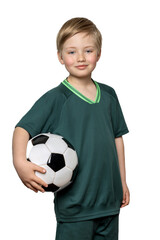 Portrait of a little boy in football uniform holding a soccer ball on a white background, isolated, copy space. © Валентина Хруслова