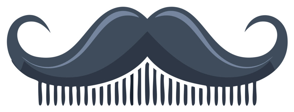 Stylized Dark Grey Handlebar Moustache with Integrated Grooming Comb Illustration