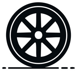 Obraz premium Wagon wheel icon in solid black with eight spokes showing motion effect on its base