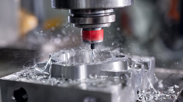 Precision CNC Milling Machine Workpiece Detail: Advanced Industrial Process with Water and Metal Chips for Manufacturing Excellence, Close Up