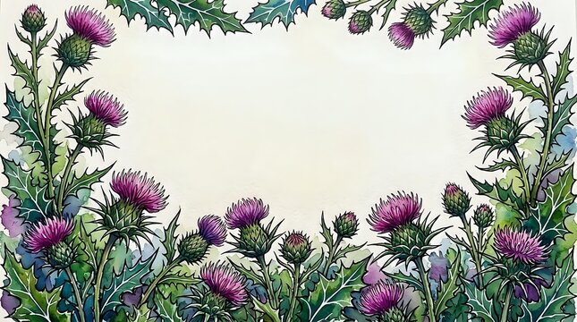 Watercolor thistle floral frame with purple blooms and green leaves on cream background, copy space for text, greeting card or invitation design.