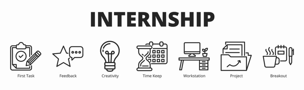 Concept of internship banner vector icon in outline style with icon of first task, feedback, creativity, time keep, workstation, project, and breakout