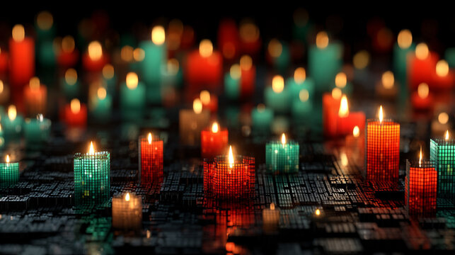 Candlesticks with red and green flames on dark reflective surface creating bokeh effect