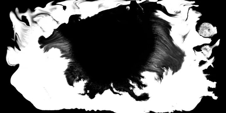 Abstract ink splatter transition in black and white seamless loop. Turbulent painting blot spreading from the center in this contemporary reveal 3D animation.