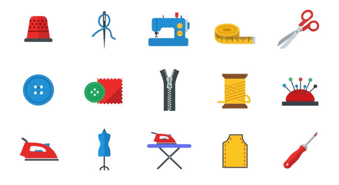Sewing Icons: Thimble, Needle, Machine, Tape Measure, Scissors, Button, Zipper