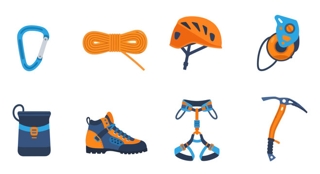 Climbing Gear Set: Carabiner, Rope, Helmet, Harness, Ice Axe, Boots, Bag