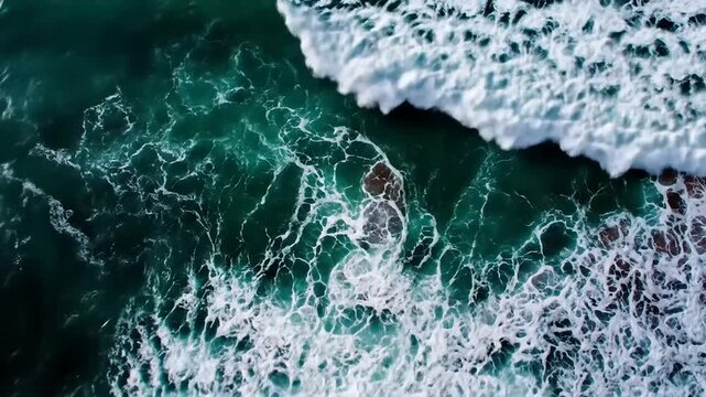 Aerial view of ocean waves with foamy white crests and turquoise water