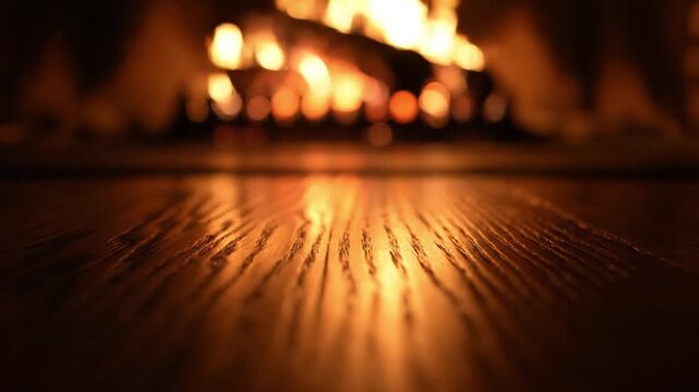 Warm Embrace of the Hearth: Close-up shot of a cozy fireplace casting a warm glow, with fire dancing and flickering, inviting you to relax. The wooden floor reflects the dancing flames. 