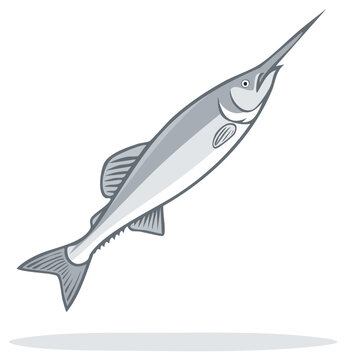 Stylized illustration of a leaping needlefish with a sharp long beak