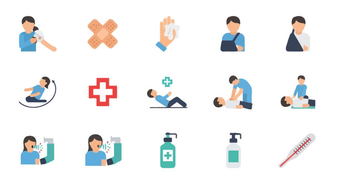 First Aid Icons: Bandage, CPR, Inhaler, Thermometer, Medical Kit