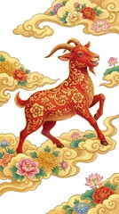 Naklejka premium Red goat with golden floral patterns jumping through decorative clouds with peonies and chrysanthemums in traditional Chinese art style for lunar new year.