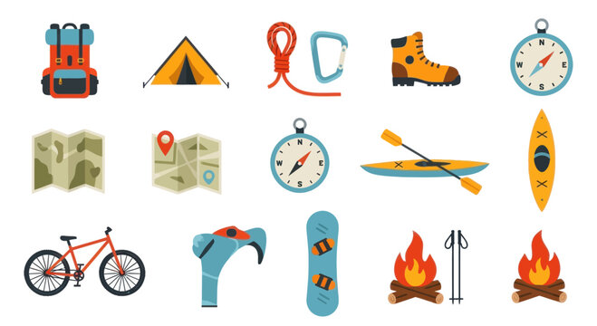 Backpack, Tent, Kayak, Snowboard, and Bicycle Outdoor Adventure Icons