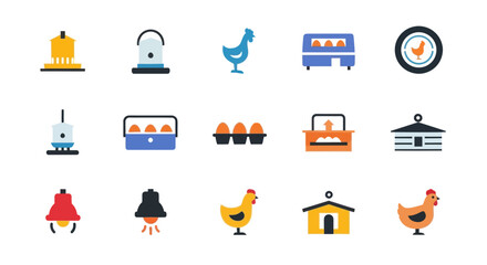 Chicken Coop, Eggs, Lanterns, Bell and Farm Icons for Poultry Farming © INFAYUFA