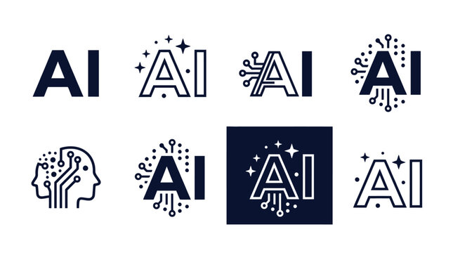 Collection of minimalist black and white artificial intelligence logo icons featuring modern circuit board designs
