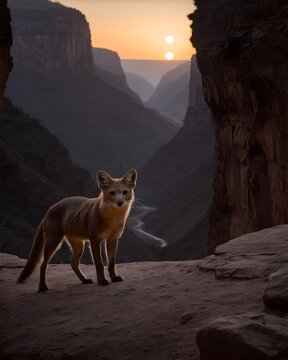 A titanium toned dhole rat genetic hybrid experiment ai-generated, fictional species , in an alien world canyon with two suns setting