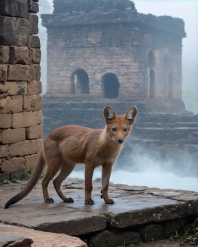 A blue dhole  rat genetic hybrid experiment ai-generated, fictional species in an ashen ruin terrace